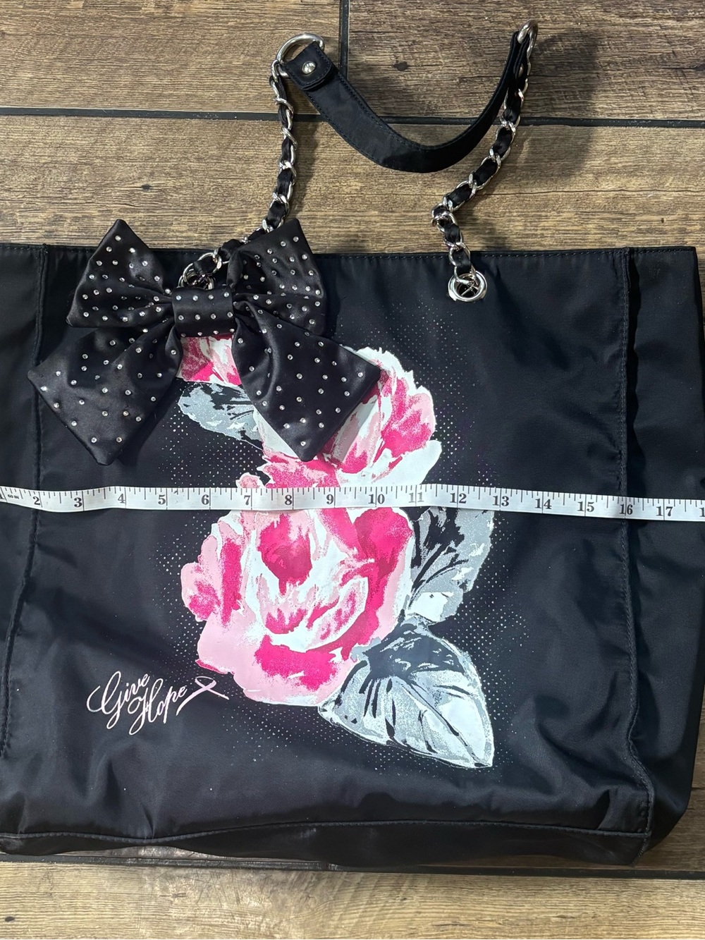 White House Black Market Give Hope Floral Tote Bag Bow Chain Strap - Picture 7 of 8